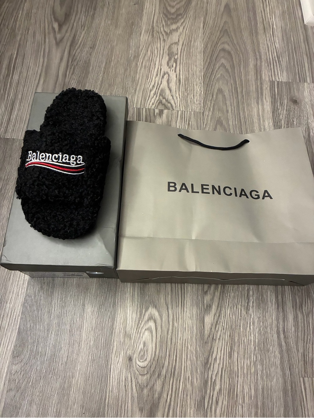 Balenciaga Black Faux-Shearling Logo Slide with Red & White Accent